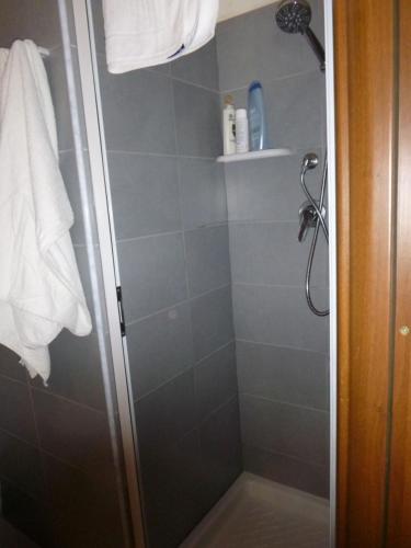 a bathroom with a shower with a glass door at Baglio Delle Rose in Giarre