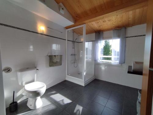 une salle de bain blanche avec toilettes et douche dans l'établissement Maison avec Piscine Chauffée, Proche Plages et Commodités, Wifi/Fibre, Piano – Chéray, Oléron - FR-1-778-8, à Saint-Georges-dʼOléron