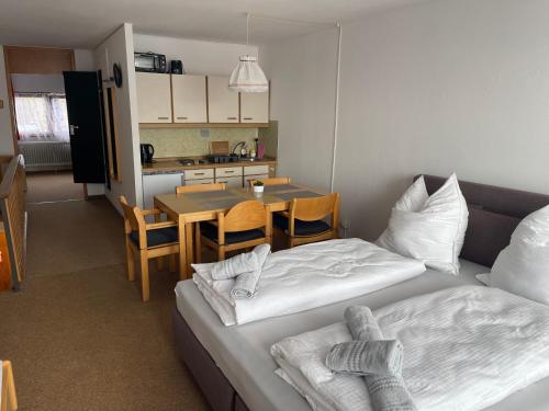 a room with two beds and a table and a kitchen at Ferienapartment TESLA im Wellnesshotel - Bayerischer Wald in Sankt Englmar