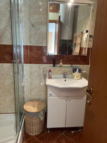 uma casa de banho com um lavatório e um chuveiro em Квартира у моря em Sveti Vlas