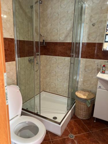 a bathroom with a shower and a toilet at Квартира у моря in Sveti Vlas