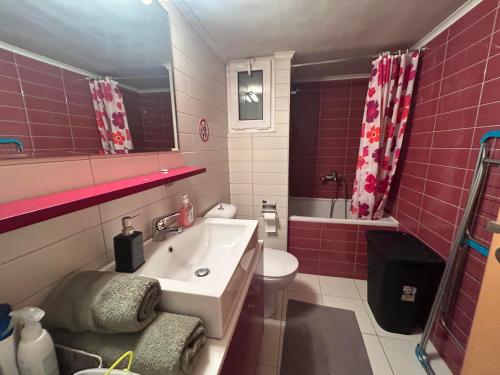 a pink bathroom with a sink and a toilet at Smile Stay Apartment in Alexandroupoli