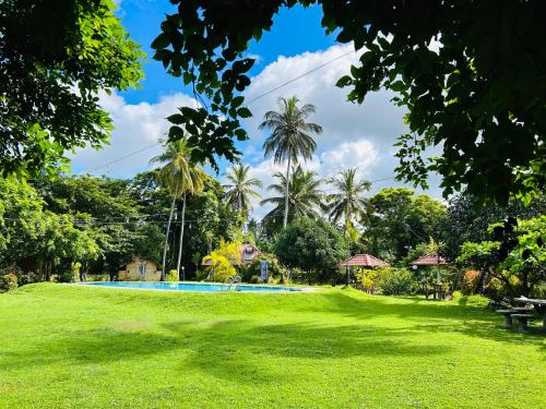 a park with a swimming pool and palm trees at Crown Holiday Village near Marawila in Nattandiya