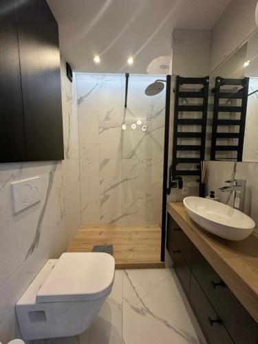 a bathroom with a shower and a toilet and a sink at Apartamenty Beauty & SPA in Ełk