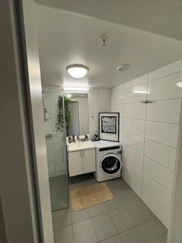 een badkamer met een wasmachine en een wastafel bij Amazing apartment by Opera house in Oslo