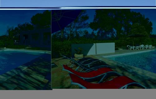 two pictures of a swimming pool with chairs and a pool at Lovely Home In Aubais With Wifi in Aubais