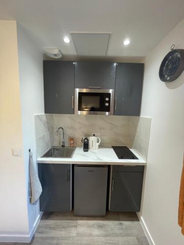 une petite cuisine avec un évier et un micro-ondes dans l'établissement studio les 8 jasmins mignon et neuf, à Tremblay-en-France