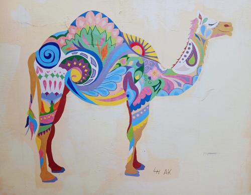 une peinture d'un chameau coloré sur un mur dans l'établissement Crazy Camel Hotel & Safari, à Jaisalmer