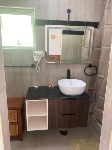 a bathroom with a sink and a mirror at Kot Babi in La Digue