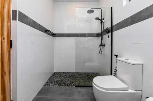 uma casa de banho branca com um WC e um chuveiro em 5 bedroom Villa Nune soul beach festival special em Paradera