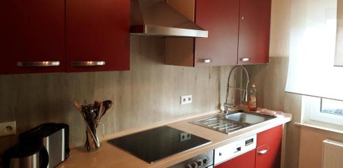Tailfingen的住宿－Ferienhaus Brit，一间带红色橱柜和水槽的厨房