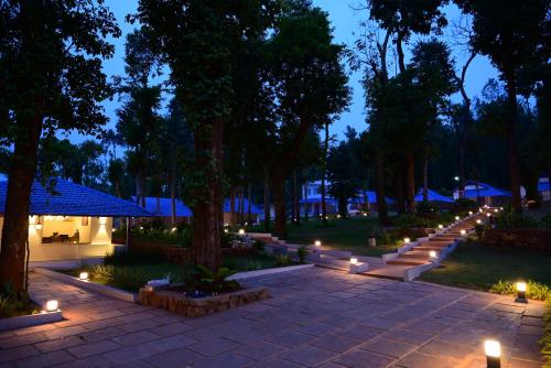 un parco con luci e alberi di notte di Shree Kalya Resort- Chikmagalur a Chikmagalūr