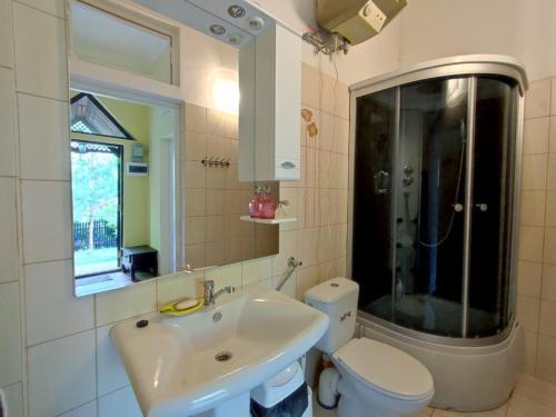 a bathroom with a sink and a toilet and a mirror at Apartament willa Radosna in Garbatka-Letnisko