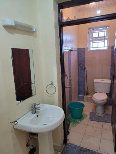 a bathroom with a sink and a toilet and a mirror at Gloria House in Nairobi