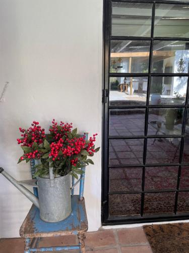 a pail of red flowers sitting in front of a door at 13 On Vigne in Greyton