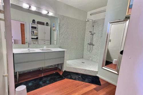 uma casa de banho com um lavatório e um chuveiro em Sublime appartement face à la mer em Valras-Plage