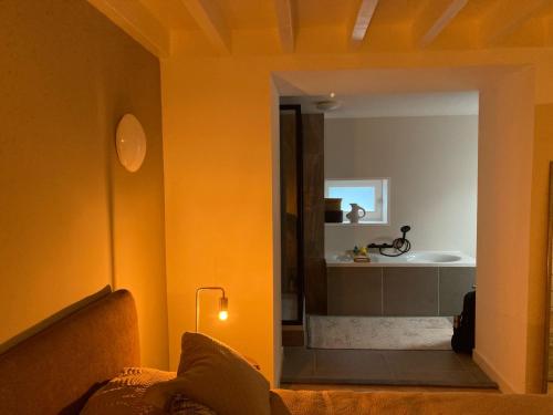 Pokój z łazienką z umywalką i kanapą w obiekcie Jutphaas Loft Appartement w mieście Nieuwegein