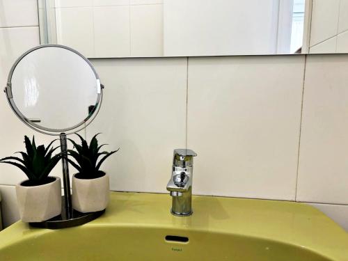 a sink with a mirror and two plants on it at Holibai, Apt Mencer, Playa América Al Lado Del Mar in Nigrán