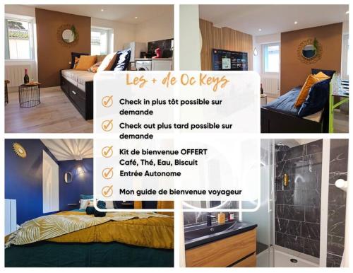 un collage de photos d'une chambre dans l'établissement Cap-vert Evasion *Centre-ville*Cap Occitanie*005, à Limoux