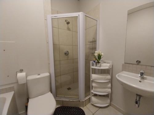 a bathroom with a shower and a toilet and a sink at 931 Ballito Groves in Ballito