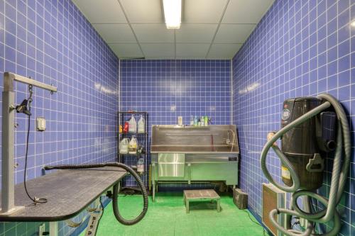 a bathroom with blue tiled walls and a shower at South Boston jr 1br w roof wd nr red line BOS-889 in Boston