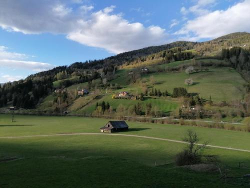 a green field with a house in the middle of it at Leitnerbauer's Troadkasten in Donnersbach