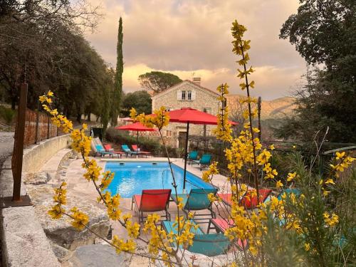 a swimming pool with chairs and umbrellas and flowers at Les Horizons - SPA-JACUZZI - MASSAGE- SAUNA - 4 SAISONS - Piscine chauffée Toute l'année - 800m centre ville Nyons in Nyons