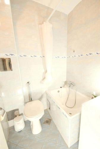 een witte badkamer met een toilet en een wastafel bij Studio Cibona in Zagreb