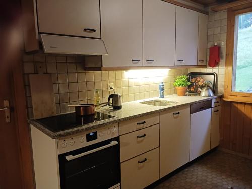 een keuken met witte kasten en een zwarte oven bij Chalet Hirsch in Grächen