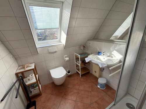 a bathroom with a toilet and a sink and a window at 2 Zimmer Appartement Ostseeblick in Boltenhagen