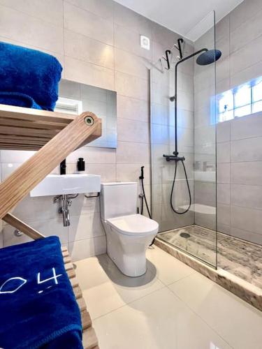 a bathroom with a toilet and a shower and a sink at Blissapartments T2 - Simone (nearby the beach) in Mindelo