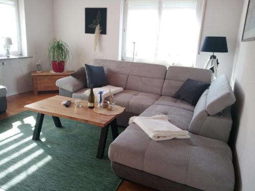 sala de estar con sofá y mesa de centro en Ferienwohnung Schwalbennest, en Sommerach