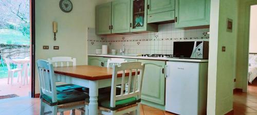 a kitchen with green cabinets and a table and chairs at Il Parco holiday - locazione turistica in Fonte Nuova
