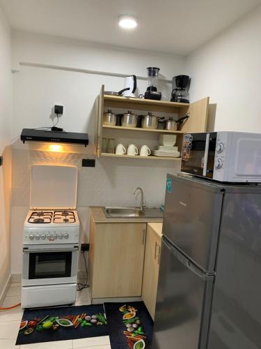 a small kitchen with a stove and a refrigerator at Greenzone Apartments in Kiambu