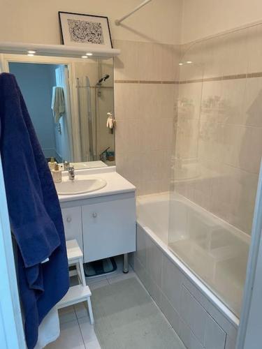 uma casa de banho com um chuveiro, um lavatório e uma banheira em Maison proche ville olympique et stade de France em Saint-Denis
