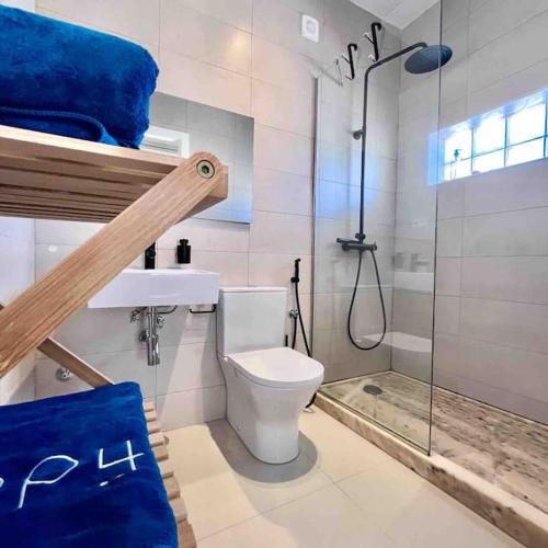 ein Bad mit einer Dusche, einem WC und einem Waschbecken in der Unterkunft Bliss Apartments T1 - Madalena in Mindelo