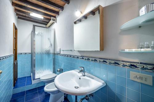 a blue tiled bathroom with a sink and a toilet at Roommo Oltrarno in Florence
