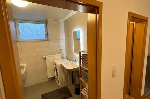 a bathroom with a sink and a mirror at Loft Wohnung zwischen Altmühltal und Hallertau in Pförring
