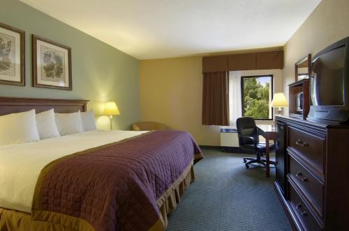 切諾基的住宿－Bay Mountain Inn Cherokee Smoky Mountains，配有一张床和一张书桌的酒店客房