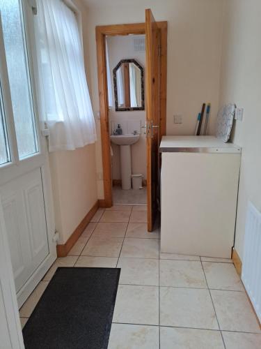 a bathroom with a sink and a washer and dryer at Drogheda Townhouse in Drogheda