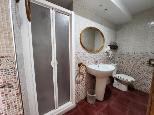 La salle de bains est pourvue d'une douche, d'un lavabo et de toilettes. dans l'établissement Caminante, à Belorado