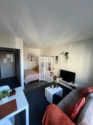 un salon avec un canapé et un lit dans l'établissement Le Jaude Centre studio, à Clermont-Ferrand