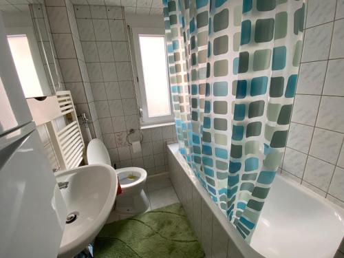 La salle de bains est pourvue d'un lavabo, de toilettes et d'une douche. dans l'établissement Comfort Apartment Heilbronn, à Heilbronn
