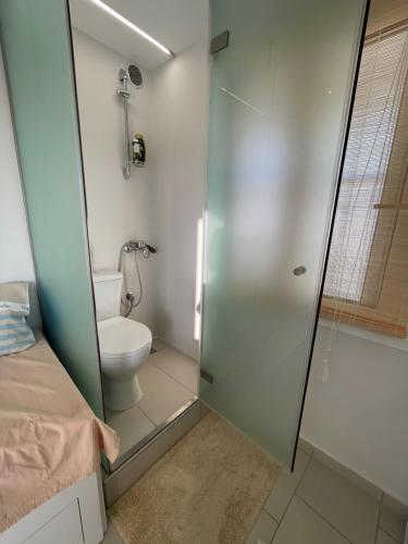 a bathroom with a toilet and a glass shower door at Roof top studio in Patra