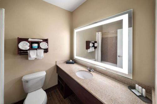 a bathroom with a toilet and a sink with a mirror at La Quinta by Wyndham Houma in Houma