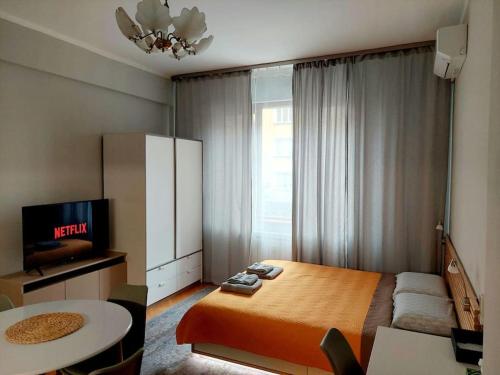 una camera da letto con un letto, una tv e un tavolo di Studio 72 a Sofia