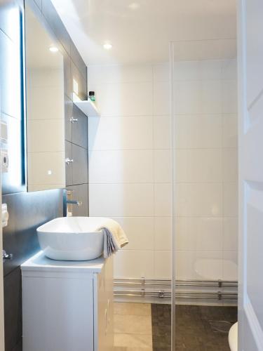 a bathroom with a sink and a glass shower at La Petite bohéme with free parking in Stockholm