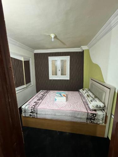 a small bedroom with a bed and two windows at شقه صغيره فندقيه في موقع مميز جديده وفرش وموبيليا جديده in Mansoura