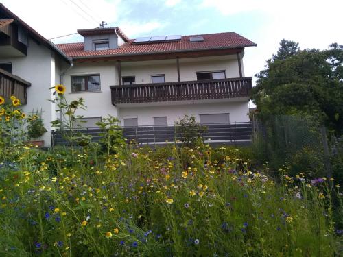 a white building with a balcony and a field of flowers at Haus Hinz in Bermatingen