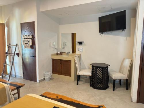 a living room with a sink and a tv on the wall at Suites Valentina in Puerto Morelos